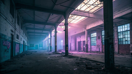 Fototapeta premium mysterious, pastel lit derelict warehouse with experimental palette