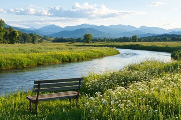Serene Riverbank Scene with Bench Surrounded by Lush Greenery