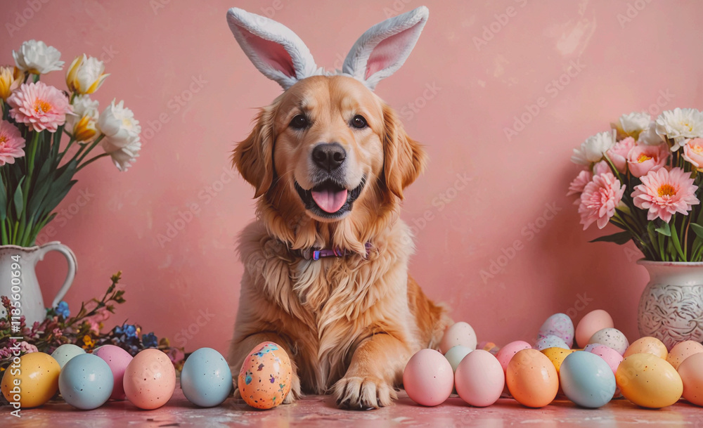 Poster dog wearing bunny ears is laying on a table with a bunch of easter eggs. there are also flowers in t