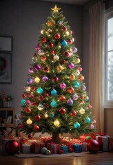 A beautifully lit LED-lit Christmas tree with colorful and shiny ornaments , snowy scene, shiny ornaments