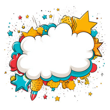 comic-style speech bubble in the shape of a cloud, by small stars on a white comic book designs, speech bubble templates, social media graphics, educational materials, stickers, posters