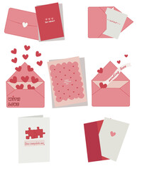 Simple Valentines Day card set with envelope. Flat vector hearts hand drawn doodle. Simple, minimalistic, holiday card.