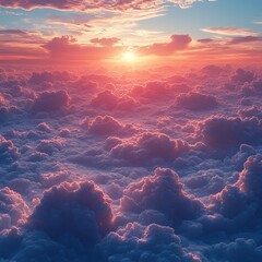 Fototapeta premium A vibrant sunset casts warm hues over fluffy clouds, creating a serene and picturesque sky.
