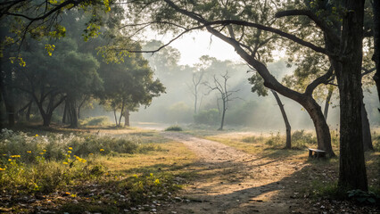 Obraz premium serene forest path surrounded by trees and misty atmosphere