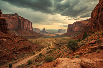 Majestic canyon landscape with earthy tones and dramatic clouds