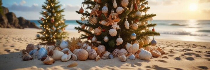 A beachside Christmas tree decorated with shells and other sea treasures , beachside christmas, driftwood, holiday decorating ideas