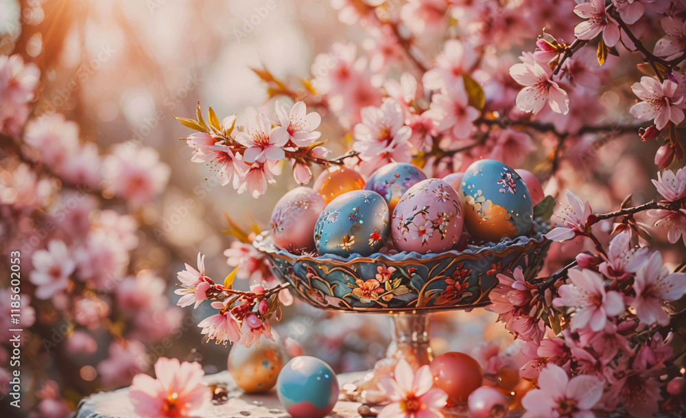 Aufkleber Bowl of eggs is sitting on a table next to a tree with pink flowers. The eggs are of different colors and sizes