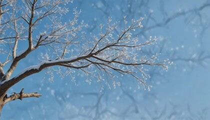 Obraz premium A bare tree branch against a clear blue sky with snowflakes gently falling on it , frosty scene, peaceful environment