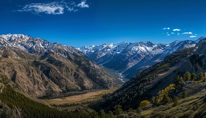 Panoramic shot of a mountain valley with a river running through it