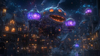 Obraz premium Gigantic, luminous, bioluminescent creature amidst cosmic fireworks display