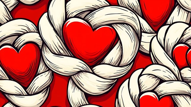 A seamless pattern of Xs and Os intertwined with hearts, bold red and white contrast, pop-art aesthetic, playful and dynamic atmosphere