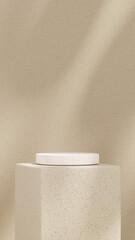 A 3D rendering of an empty space with a marble podium against a light brown background in a portrait layout, ideal for showcasing merchandise.