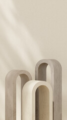 Scene mockup featuring steps against a beige wall with curved podiums for showcasing merchandise in portrait orientation