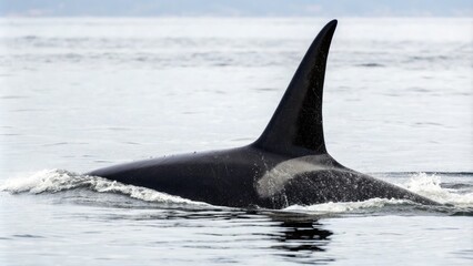 A killer whale's dorsal fin isolated on a white canvas, pattern photography, texture image, ocean animal, killer whale fin, orca back