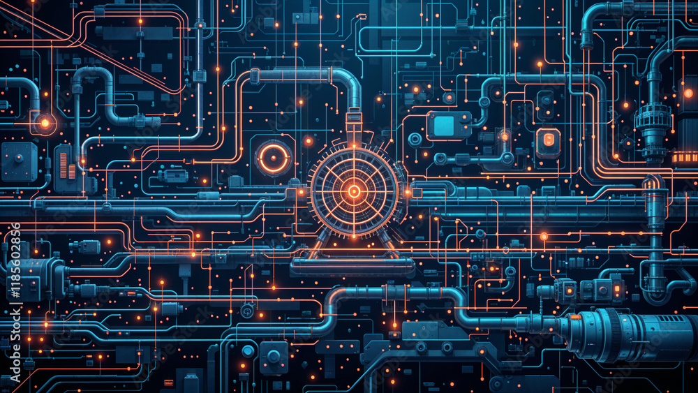Poster abstract tech background with pipe mechanism elements and holographic elements . generative ai