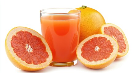 Freshly squeezed grapefruit juice in a glass accompanied by ripe grapefruit halves and a whole fruit on a bright white background