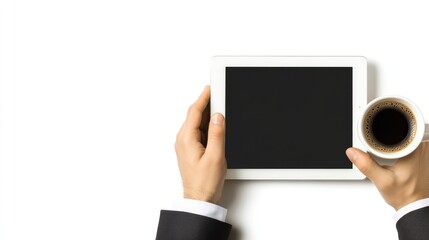 Person holding tablet and coffee cup, overhead view on white background