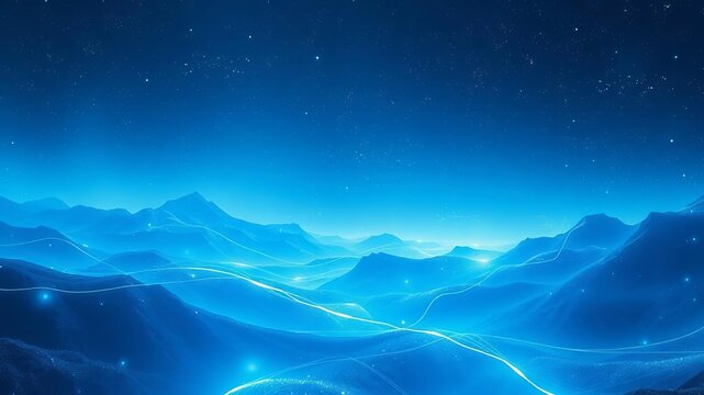 Glowing blue digital landscape with ethereal futuristic particles and lines, lines, landscape