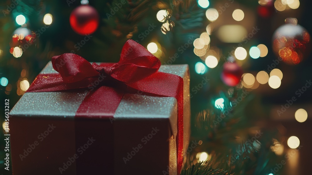 Aufkleber gift box adorned with a red bow in front of a sparkling christmas tree and soft bokeh lights for a f