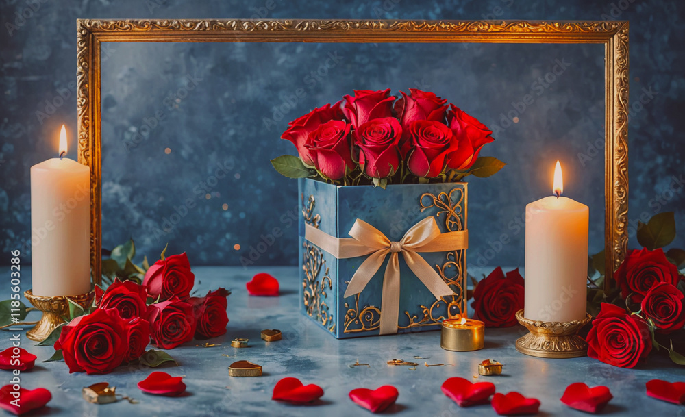 Poster bouquet of red roses is in a blue box with a gold ribbon. there are two candles on the table, one on