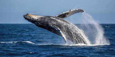 Naklejka premium A humpback whale breaches and then dives back down into the dark blue water its body gliding effortlessly through the ocean, animal, ocean, humpback whale breaching, fluid motion, movement