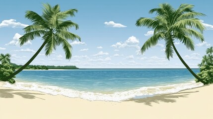 Serene Tropical Beach Scene with Two Palm Trees and Gentle Waves