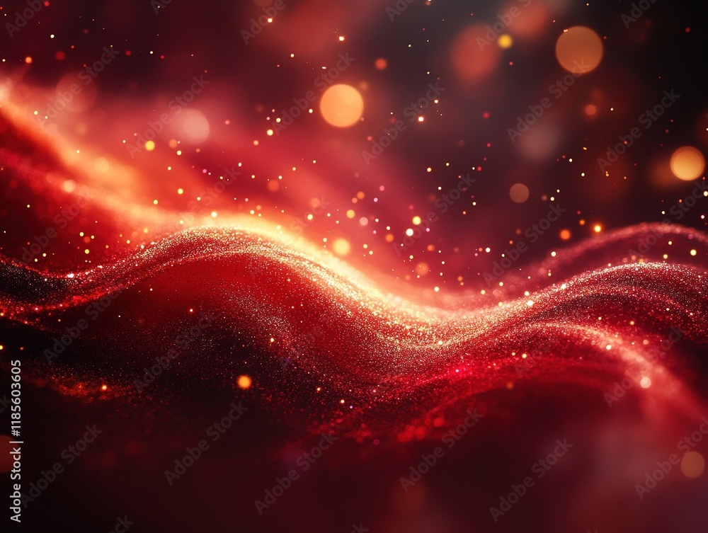 Poster red glowing particle waves swirl, with bokeh light in a dark space
