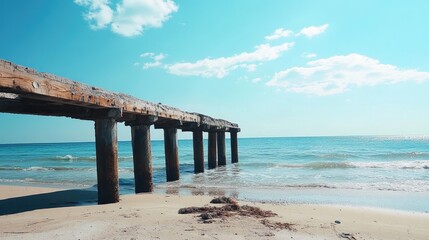 Scenic view of a weathered wooden pier extending into the calm ocean with soft waves and a clear blue sky on a sunny beach day.