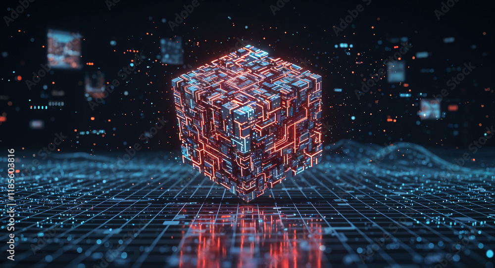 Poster holographic technology cube processor interface. generative ai