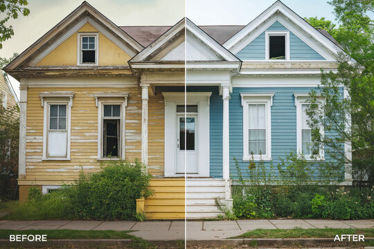 A neglected house exterior before and after painting or restoration