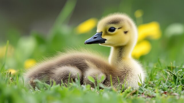 Adorable goose gosling resting in lush green grass surrounded by vibrant wildflowers in a serene natural setting.