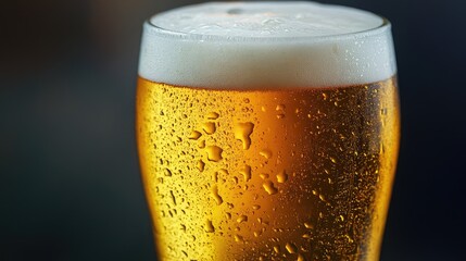 Refreshing amber beer in a chilled glass with frothy head and condensation droplets on the surface for a thirst-quenching beverage experience