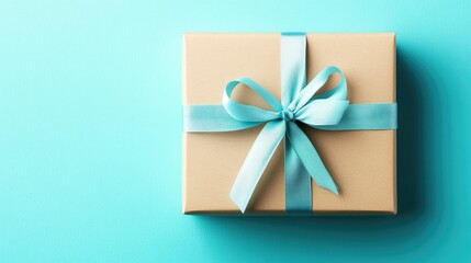 Gift box adorned with light blue ribbon on a vibrant blue backdrop in pastel colors stylish flat lay composition