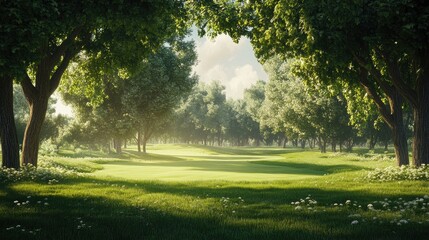 Obraz premium Lush green golf course landscape framed by trees under soft sunlight creating a serene outdoor atmosphere for recreational activities