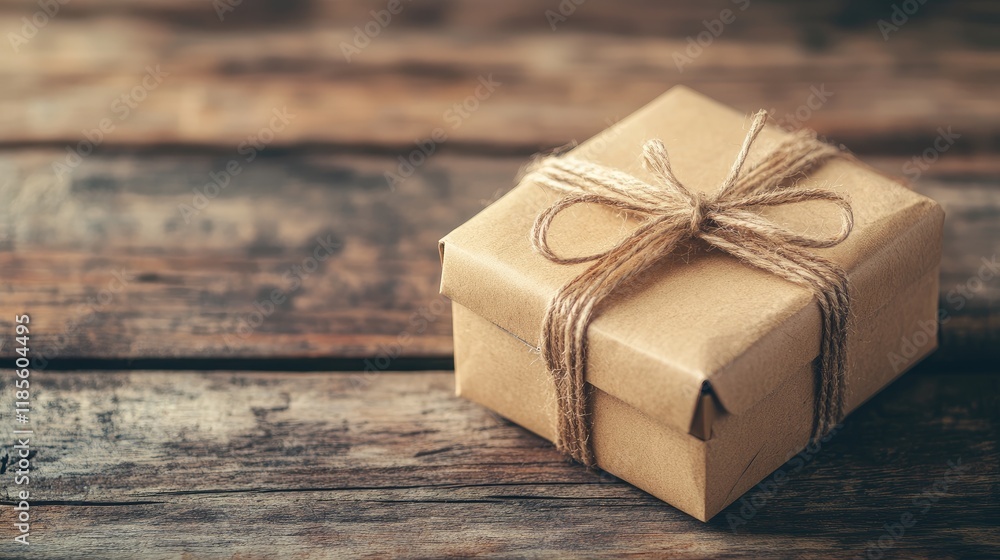 Poster gift box voucher wrapped in twine on rustic wooden table creating a cozy and inviting atmosphere for