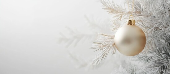 Elegant Gold Christmas Ornament Hanging on a White Tree with Soft Focus Background and Space for Custom Text or Holiday Greetings