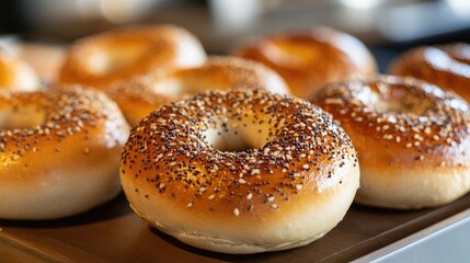 Golden brown sesame seed bagels displayed on a baking tray fresh out of the oven ready for serving or use in culinary dishes