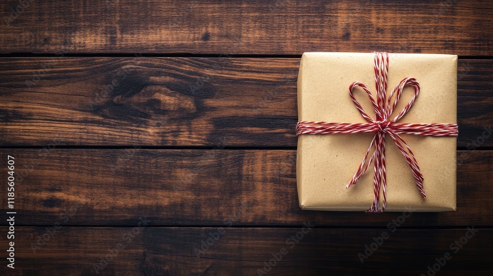 Poster gift box wrapped with twine on rustic wooden table ideal for holiday or special occasion themes with