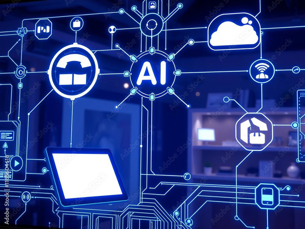 Poster futuristic smart home display with touch screen showing generative ai technology and smart screen, s