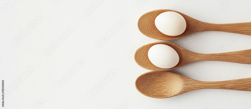 Poster Fresh white eggs nestled in wooden spoons with ample empty space for text and branding in a clean and minimalist kitchen setting