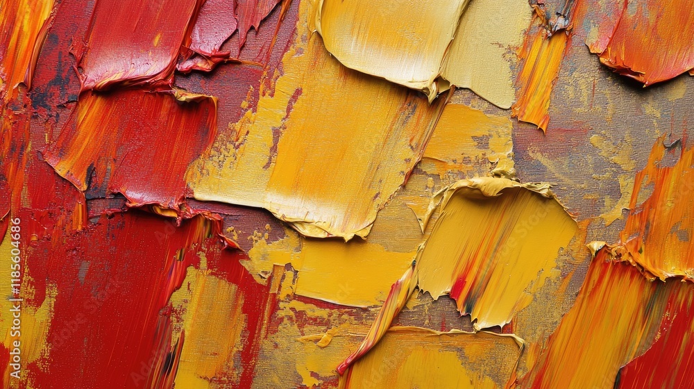 Poster textured abstract painting with rough brush strokes in vibrant golden and red hues creating a warm a