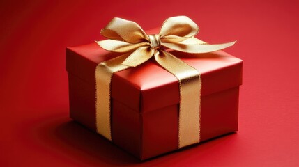 Obraz premium Elegant red gift box adorned with a luxurious gold ribbon against a striking red background perfect for holidays or special occasions.