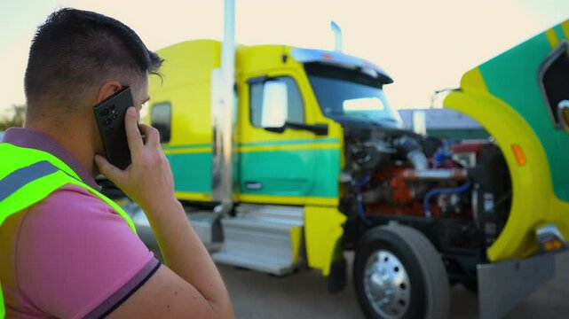 The driver is talking by phone about the problem with semi truck