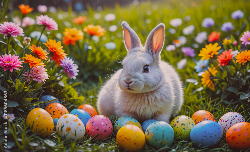 Poster White rabbit is sitting in a field of Easter eggs. There are many different colored eggs scattered around the rabbit