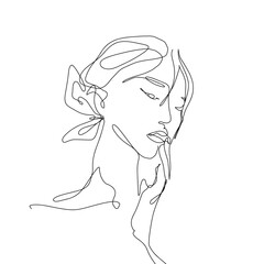 Vector line art portrait girl face with flower. Continuous line, drawing of faces wonen, fashion concept, woman beauty minimalist. Illustration for phone case, t-shirt, slogan design print