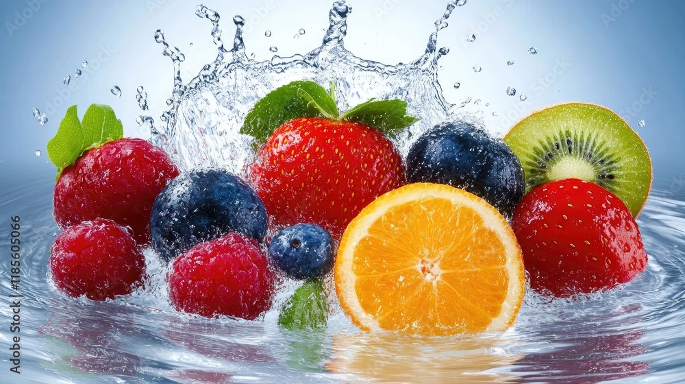 Poster vibrant assortment of fresh berries and citrus splashing into clear water creating dynamic and refre