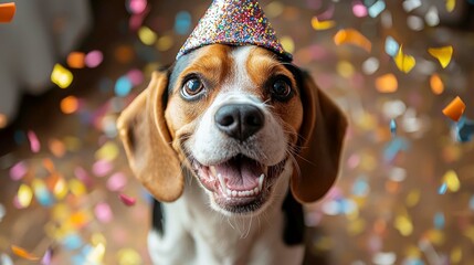 Happy Beagle Puppy Celebrates with Confetti Party Hat