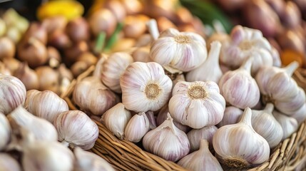 Garlic Bulbs at Market Display Fresh Organic Garlic in Woven Basket Healthy Culinary Ingredient for Cooking and Flavoring Dishes