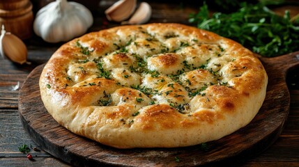 Rustic Italian Sourdough Bread Infused with Garlic and Fresh Herbs on a Wooden Serving Board