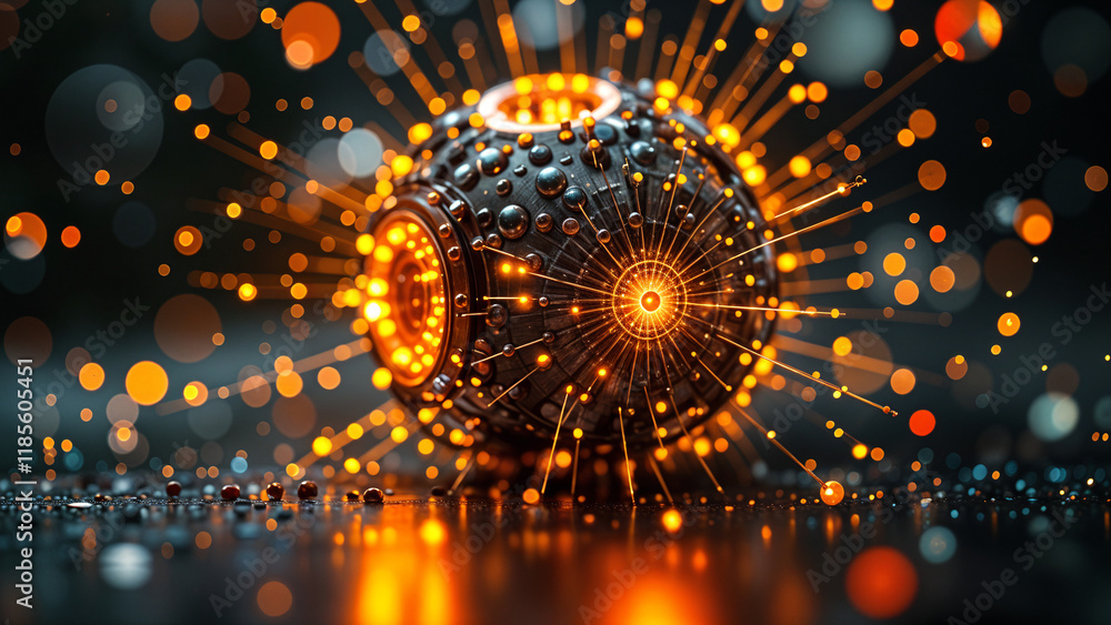 Poster abstract mechanism in the form of a sphere with luminous lines . generative ai